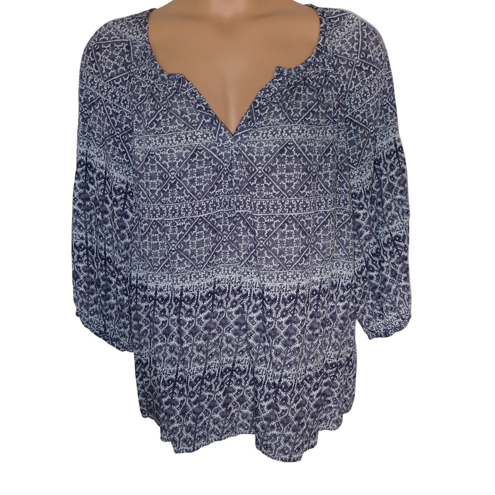 Artisan NY Women's Blue White Geometric Print Rayon Blouse Size L Boho Peasant